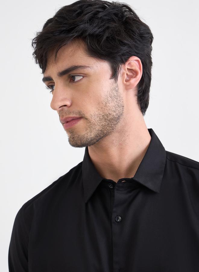 Styli Men Black Solid Cotton Slim Fit Shirt - Image 2